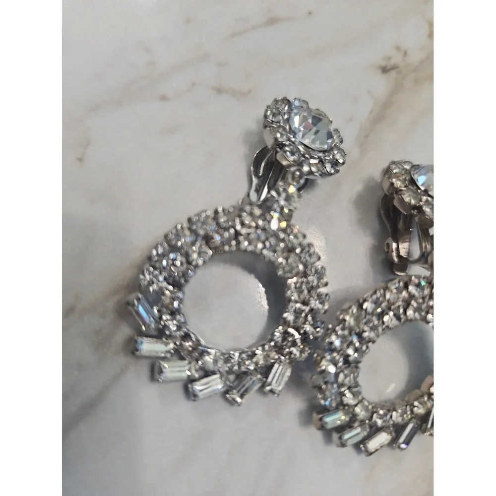 Judy Lee Crystal Clip On Earrings Baguette Rhinestone Silver Tone Dangle Signed